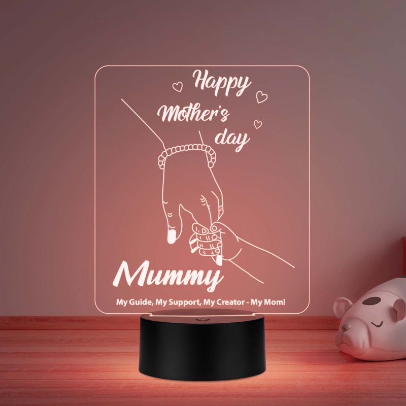 Happy Mothers Day 3D Illusion Night Lamp with Automatic Color Changing Light & USB Powered Mom Hand Holding Design Emotional Gift for Mom from Daughter & Son